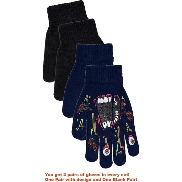 Boys 2 pairs of Gloves: 1-Halloween AND 1-Black (Monster Navy1) - Picture 1 of 3